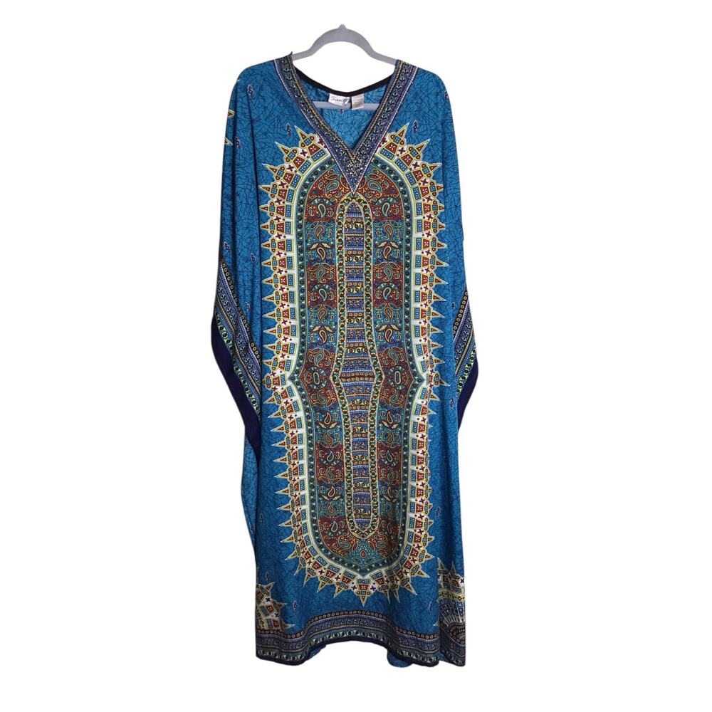 Sante Women Tribal Print MuMu/ Kaftan Sz. Os Blue Loungewear Comfort Modest EUC
